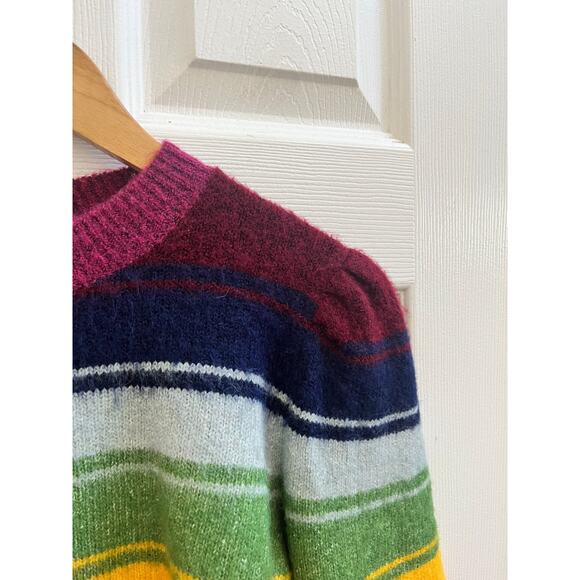 Zara Multicolored Rainbow Striped Puff Sleeves  Crewneck Crop Sweater Medium - Picture 5 of 9